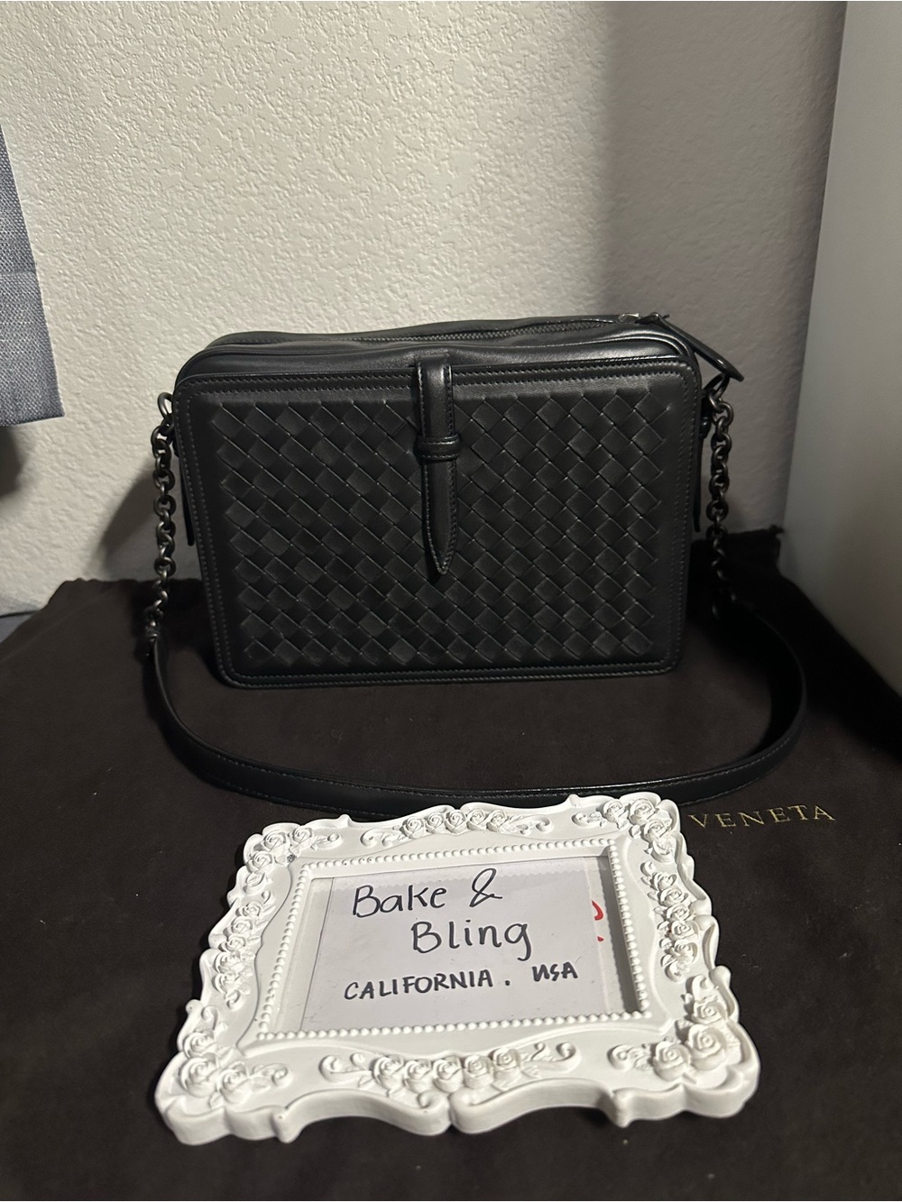 Bottega Veneta Vintage Black Woven Leather Camera Bag